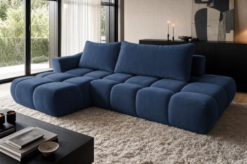 COMFORTINO FURNITURE Ecksofa mit Schlaffunktion Luna L-Form, Sofa Couch mit Bettkasten, 3-Sitzer Eckcouch, Schlafsofa für Wohnzimmer, Big Sofa Couch mit Schlaffunktion (Blau, Ottomane Links)