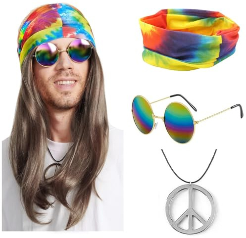 NebulaGlam Hippie Kostüm Set, Perücke + Bunte Haarband + Brille + Halskette, Hippie Kostüm Damen Herren, Männer Karneval Fasching Perücke, 70er 80er Jahre Karneval Themenparty