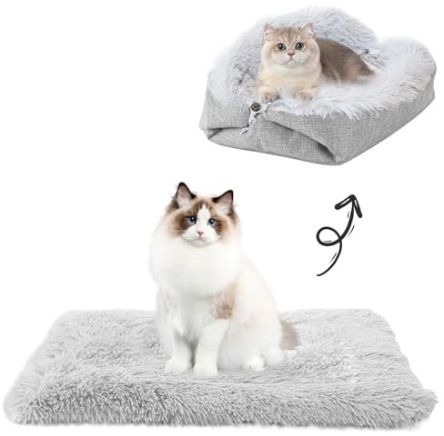 JAMHEXOU Weiches Katzenbett, Waschbar, Plüsch Haustierbett für Katzen und Kleine Hunde, Katzenkissen Grau, 2 in 1 Katzenbett Schlafsack Kuschelnest, Warmes Kissen und Decke, 45x35 cm