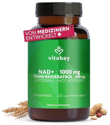 Vitabay NAD+ Liposomiale 1000mg con 600mg Trans-Resveratrolo – 90 Softgel Vegani Testati in Laboratorio – Integratore di NAD+ ad Alta Dosi e Biodisponibilità