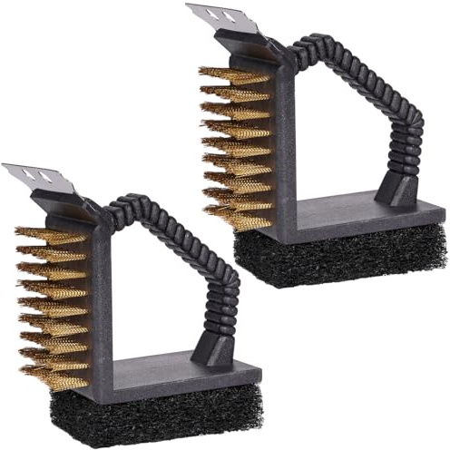 SquEqu 2 Pack Grill Brush and Scraper with Wire Bristles and Bristle-Free Scour 2 Side Brushes Handheld Short Handle Scrubber for Grill Grate Cleaner Cast Iron Charcoal Racks Grid BBQ Cooking Grates