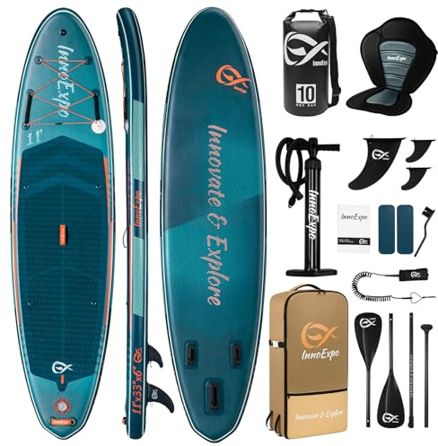 InnoExpo 11' Aufblasbare Stand Up Paddle Boards mit Premium Zubehör, Breites Stabiles SUP Paddle Board Design, Rutschfestes Komfortdeck für Jugendliche & Erwachsene (Futuristisch/Kajaksitz)