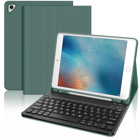 JADEMALL Keyboard Case for iPad 9.7 Inch 6th/5th Generation 2018/2017, Wireless Bluetooth Detachable Keyboard, Slim Protective Cover with Pencil holder for iPad Air 2/Air 1/Pro 9.7 inch, Dark Green