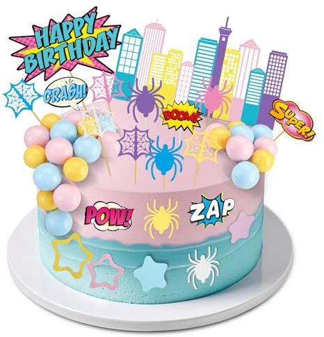 Geelin 61 Pcs Spider Birthday Cake Topper Pink Spider Girl Cupcake Topper Pastel Party Supplies Cartoon Party Decorations Balls Webs Stars City Cake Border Decor for Girls Boys Birthday Baby Shower