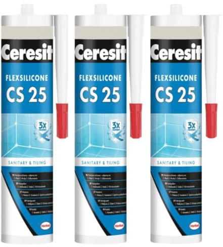 Silicone sanitario CS25 marmo grigio per interni ed esterni, bagno e cucina, antimuffa, resistente ai raggi UV e alle intemperie, elasticità durevole, elastico ed elastico (3 x 280 ml)