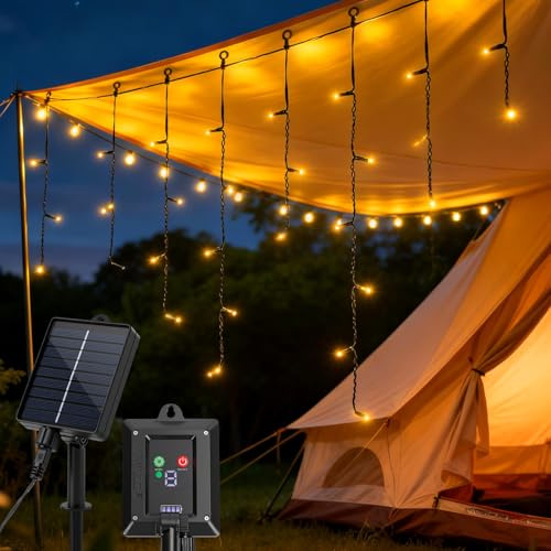 Aigostar Solare Eiszapfen-Lichterkette Außen – 5m + 3m*0.6m, 8 Lichtmodi, IP65 Wasserdicht, Warmes Licht, 100 LED für Garten, Balkon, Terrasse & Innenbereich