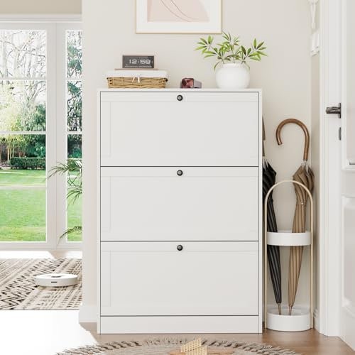 VOWNER Schuhschrank mit 3 Klappen, Schuhregal Schuhkipper Schmal, Schuhschrank Weiss, mit 9 Fächern, Schuhablage Verstellbar, 80 x 30 x 117 cm, für Eingangsbereich, Flur