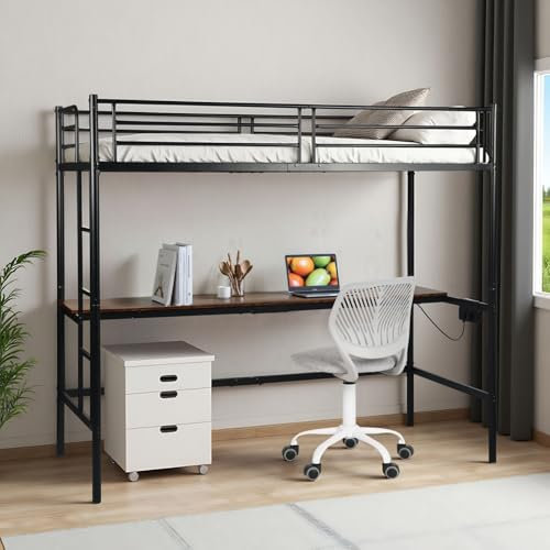 FurnitureR Hochbett 90x200 cm Metall mit Schreibtisch, Metall Bettrahmen mit Ladestation (2 AC Steckdosen 2 USB Ports), ohne Matratze，Absturzsicherung & Lattenrost,Treppe– Schwarz