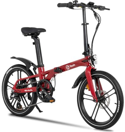 Youin Marbella Vélo électrique Pliant Urbain Rouge 20 Pouces Moteur 250W Batterie intégrée 36V autonomie 40 km Freins hydrauliques 7 Vitesses léger Compact.