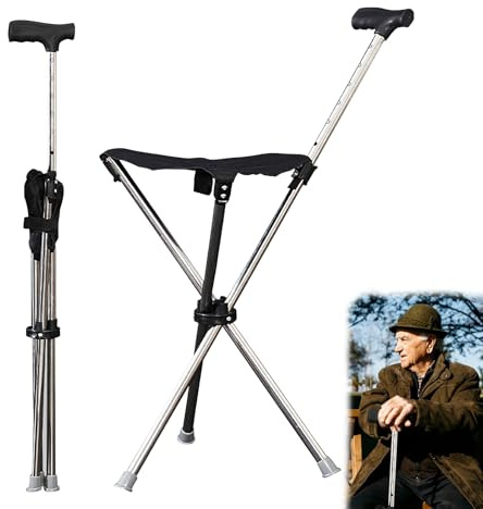 Walking Stick with Seat, Adjustable Walking Cane with Seat, Shooting Stick with Seat for Men & Women, Foldable Walking Stick with Non-slip Rubber Base, for Travel Hiking, Seniors & Adults
