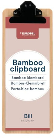 EUROPEL Bambus-Klemmbrett Mini/Rechnungsgröße 280x115mm – Holz-Schreibbrett mit robustem Schwarzclip & Aufhängeöse – Gastronomie, Büro, Lager, Schule