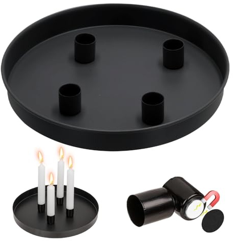 Aoreun Magnet Kerzentablett für Advent Ø23cm mit 4 Magnetischen Metall Kerzenständer für Kerzen Ø2cm, Schwarz Weihnachten Stabkerzenhalter, Rund Metall Kerzen Tablett für Advent & Alltagsdekoration
