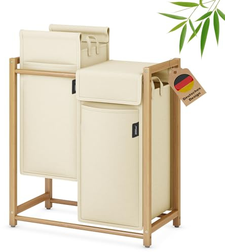 XMHome Wäschekorb 99L mit 2x49L Fächern Bambus Wäschesammler mit Deckel,Wäschesortierer mit herausnehmbaren Taschen, rechteckige Wäschebox für Schlafzimmer, Bad & Waschküche Beige