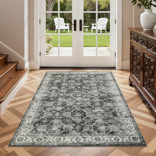 LuxFocus Vintage Distressed Bedside Rug 80x150cm, Washable Area Rugs Living Room, Soft Low Pile Oriental Carpet, Non Slip Traditional Carpets for Bedroom Kitchen Hallway, Grey