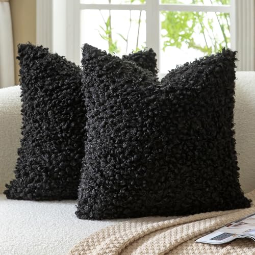 Mandioo 2er Set Kissenbezüge 45x45 cm Schwarz Faux Pelz Bouclé Dekorative Sherpa Kissenbezug Dicke Flauschige Fleece Kissenhüllen Dekokissen Sofakissen Couchkissen Sessel Bett Wohnzimmer