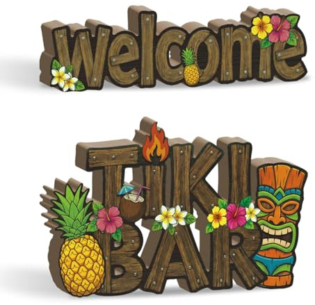 Putuo Decor 2Pcs Tiki Party Decor Hawaiian Luau Party Table Decoration - Welcome Tiki Bar, Tropical Aloha Bar Sign, Rustic Farmhouse Wooden Centerpiece for Summer Welcome Housewarming