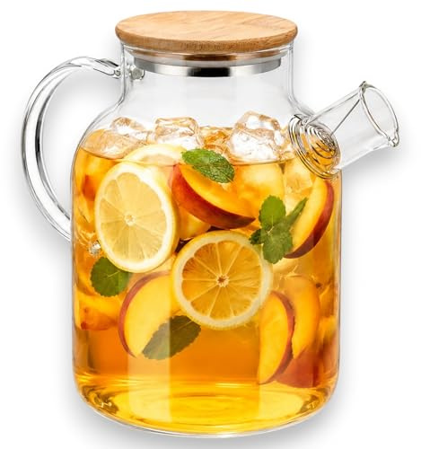 KORAT - Brocca in Vetro Borosilicato 1,8 LT con Coperchio in Bambù e Filtro Integrato, Caraffa per Acqua, Tè Freddo, Infusi e Bevande Calde/Fredde, Design Elegante - 20x13x18 Cm
