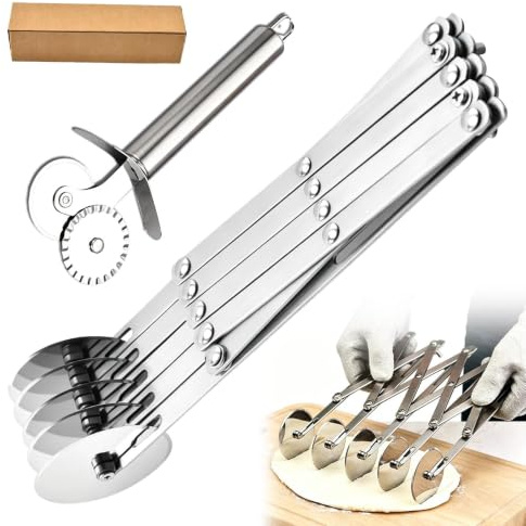 5-Wheel Expandable Pastry Cutter, Adjustable Stainless Steel Dough Slicer, Multi-use Rolling Pizza Cutter for Baking Pizza, Bread, Pasta & Cookies