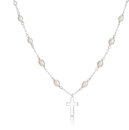 Molly Brown London Sterling Silver Rosary Style Freshwater Pearl Cross Necklace. Ideal for Christening, Holy Communion Gifts for Girls, Flower Girl and Bridesmaids Gifts