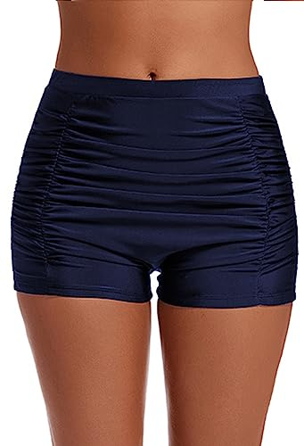 Lovache Women's High Waisted Swim Shorts Ruched Boyleg Tummy Control Bikini Bottom, Navy Blue, XL