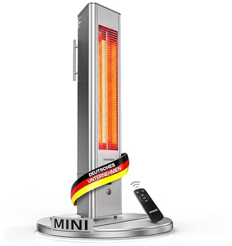 VASNER HeatTower Mini – Standheizstrahler, Infrarotstrahler 1500 W elektrisch, Fernbedienung, Heizstrahler mobil mit Standfuß für Garten Terrasse & Balkon (Silber)