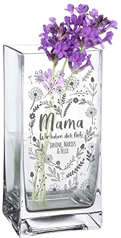 Blumenvase für Mama mit persönlicher Gravur: Das perfekte Muttertagsgeschenk, Für die Beste Mama der Welt: Wir haben Dich lieb, Personalisiert mit Namen, Glasvase für Blumen, Deko-Vase zum Muttertag