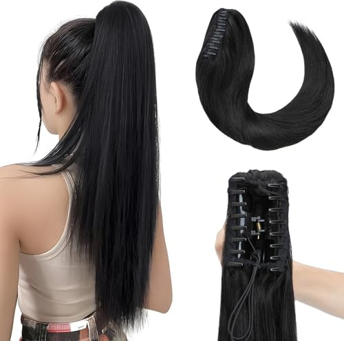 Elailite Extensions Echthaar Pferdeschwanz Ponytail Haarverlängerung Haarteile mit Klammer Remy Glatt Zopf Human Hair 16 40cm 105g #01 Pechschwarz