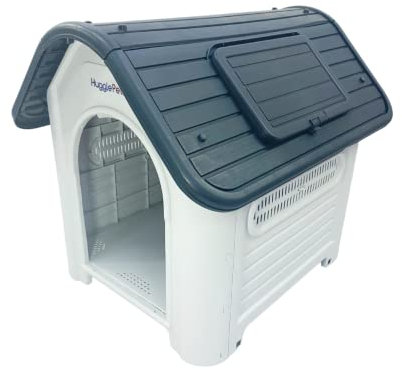 HugglePets Plastic Dog Kennel Outdoor & Indoor (87 x 72cm - Grey) Raised & Ventilated Weatherproof Cat or Dog House Pet Shelter. Lightweight & Durable, Easy to Assemble & Clean.