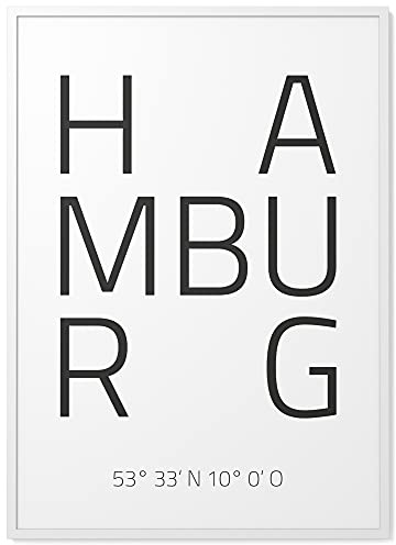 Papierschmiede® Geo Poster Koordinaten Hamburg, A3 Gerahmt im Holzrahmen (weiß), Stadt Bild als Wanddeko für Wohnzimmer Schlafzimmer Küche Esszimmer, Hamburg Perle Hauptstadt des Nordens