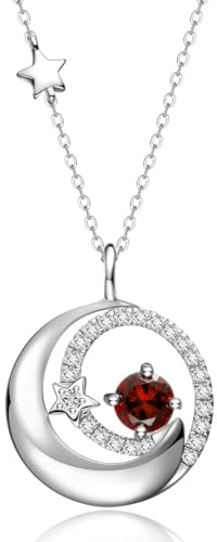 FANCIME Garnet January Birthstone Necklace for Women 925 Sterling Silver Moon Star Pendant Necklaces Red Gemstone Fine Jewelry Birthday Mothers Day Gifts for Women Mom Daughter