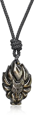 COAI Collier Ajustable Pendentif Renard à Neuf Queues Obsidienne Dorée Homme Femme