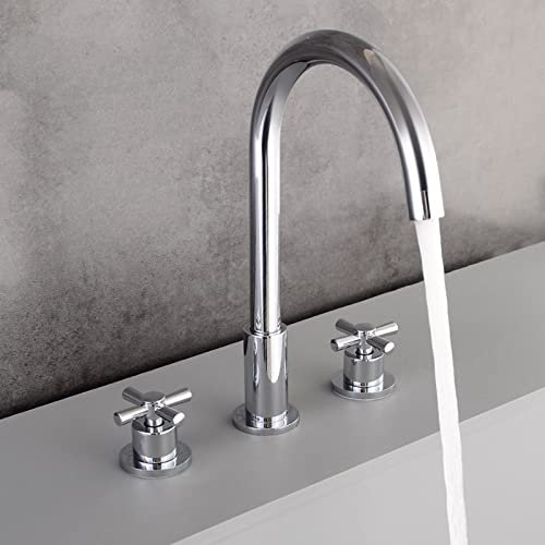 Double Poignées Mitigeur de Bain Poignée En Croix Eau Chaude et Froide Robinet Lave Main Col de Cygne Multifonction Trois Trous Robinet Mitigeur Lavabo,Chrome