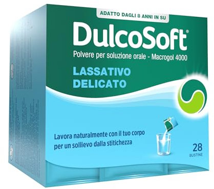 DulcoSoft Lassativo con Macrogol, Rimedi Stitichezza Adulti e Bambini - Senza Glutine, Senza Zucchero, Lassativo Delicato per Irregolarità Intestinale, Stipsi (28 Bustine)