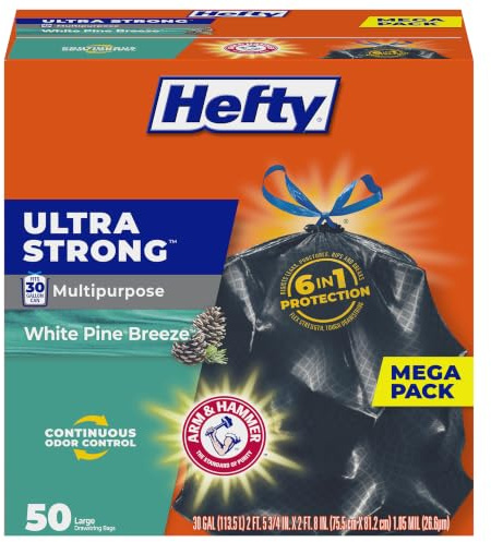 Hefty Bolsas de basura grandes multiusos ultra fuertes, negro, aroma a brisa de pino blanco, 30 galones, 50 unidades