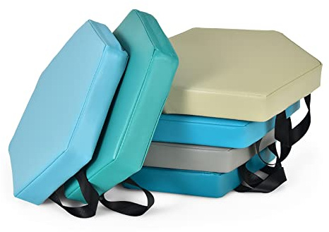 DREAMADE Lot de 6 Coussins de Chaise pour Enfant, Coussins de Sol Multicolores avec Poignées, Convient aux Jardins d'enfants,Terrains de Jeux,Loisirs Intérieurs et Extérieurs, 38X38CM (Hexagone Bleu)