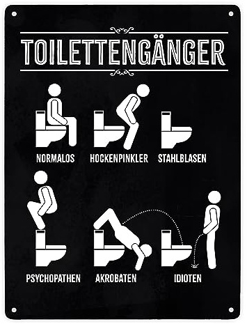Toilettengänger Metallschild XXL in 28x38 cm mit witzigem Motiv Blechschild für die Toilette mit lustigem Look in Schwarz Dekoration für das Klo Badezimmer Schild witzige Deko WC