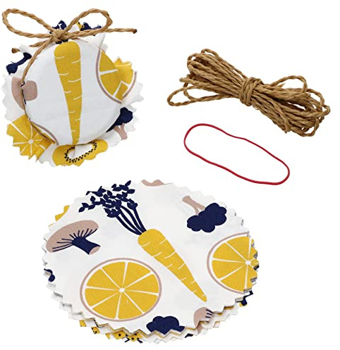 MamboCat 10er Marmeladendeckchen Gemüse gelb Ø 14 cm + 1 Fixiergummi + 4 m Schnur I passend für Einmachgläser bis max. Ø 7 cm I Einmachgläser I Geschenkverpackung I Stoffdeckchen