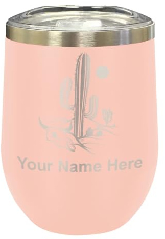 LaserGram Double Wall Stainless Steel Wine Glass Tumbler, Cactus, Personalized Engraving Included (Coral)