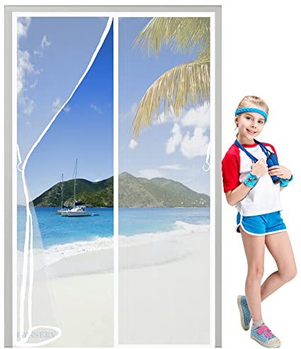 Fly Screens for Doors 220x260cm White Magnetic Window Fly Screen Net Double Door Screen Magnetic Closure with Self-Adhesive Tapefor All Kinds of Window,Hook Design