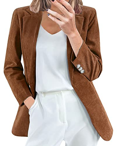 Womens Tailored Fit Corduroy Blazers Classy Casual Business Office Work Suit Jackets Slim Fit Long Sleeve Open Front Notched Lapel Button Stylish Autumn Cord Shirts Outwear Tops