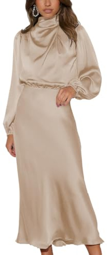 LIAOPUFUS Donna Abito Lungo in Satin Increspato Maniche Lunghe Vestiit Vita in Stile Sciolto Autunno Nuovo Elegante Vestito Cocktail da Donna e Ragazze (Albicocca,L)