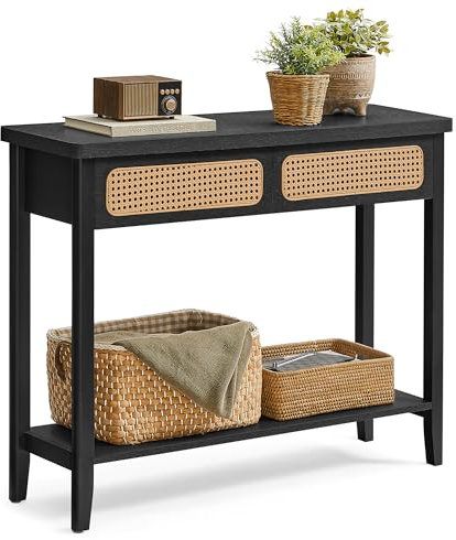 VASAGLE Konsolentisch, Flurtisch, Flur Möbel, schmaler Sofatisch für Wohnzimmer, mit 2 Schubladen, offene Ablage, abgerundete Ecken, Boho-Stil, aschschwarz LNT016B21