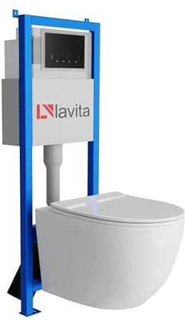 Lavita LAV 101 Vorwandelement für WC 40cm + Wand Hänge Tiefspül WC SINTO Weiß Spülrandlos + Bedienplatte LAV 200.3.4 Schwarz + WC Sitz mit Absenkautomatik Komplettset Unterputz Spülkasten WC