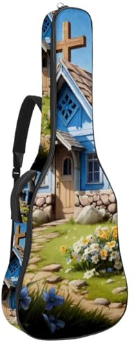 Generisch Akustikgitarre Tasche Universal Koffer für 40/41/42 Zoll Gitarre Wasserdicht Gigbag mit Zubehörfach Blau Ostern Kreuz Haus, mehrfarbig, 42.9x16.9x4.7 in, Gitarrentasche, jtb-001-1