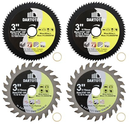 75mm Kreissägeblatt 2pcs 72T Hochgeschwindigkeitsstahl-Trennscheiben und 2pcs TCT 24T Mini-Winkelschleifer-Trennscheibe für Holz, Kupfer, Kunststoff und Weichmetall