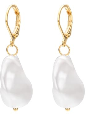 Vissen Orecchini con perle barocche bianche d'acqua dolce da donna, orecchini placcati oro 18k lunghi pendenti dormati, 4.2*1.9cm, Acciaio inossidabile