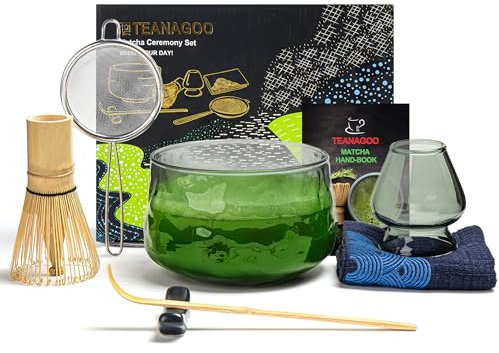 TEANAGOO Matcha Whisk (7pcs) Matcha Set Kit Bowl Chasen Chashaku Whisk Holder. N30, Dark Grey Glass