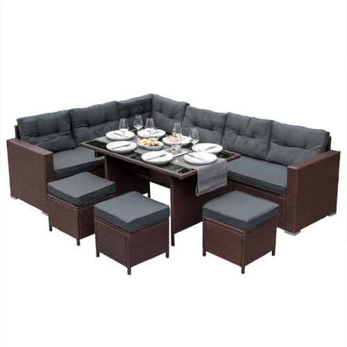 Brun Möbelgrupp i Rotting Hörn L-format Matsalsset Utomhus Trädgårdsmöbler 9-sits L Form Soffpallar Bord i Härdat Glas UV-skyddad Vattentät Sits Ryggkuddar Uteplats Uterum Lounge Regnskydd