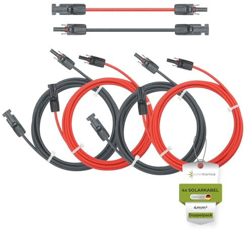 solartronics Doppelpack Solarkabel 4mm² 5m mit Solarstecker Rot/Schwarz | PV Kabel Verlängerung für Solarpanel, H1Z2Z2-K, UV-Beständig, Halogenfrei, Flexibel, TÜV Rheinland, Made in Germany, 4x5m