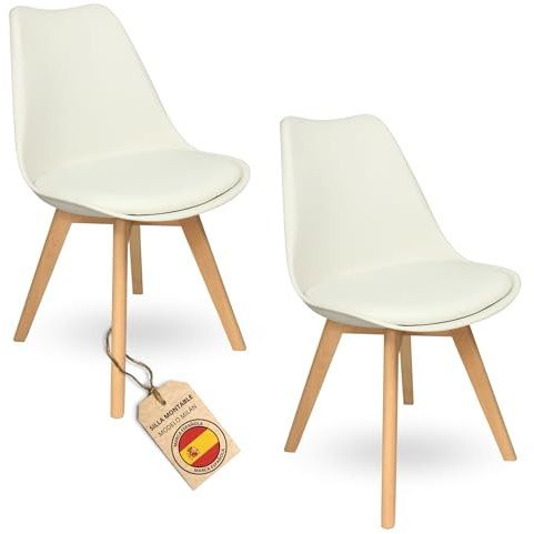 HOME DESIGN & CONFORT ®Sillas de Comedor Nórdicas con Respaldo Ergonómico con Material PU y Patas con 2,8cm de Anchura | Sillas de Cocina con Madera de Haya Maciza (2 Sillas Blancas)